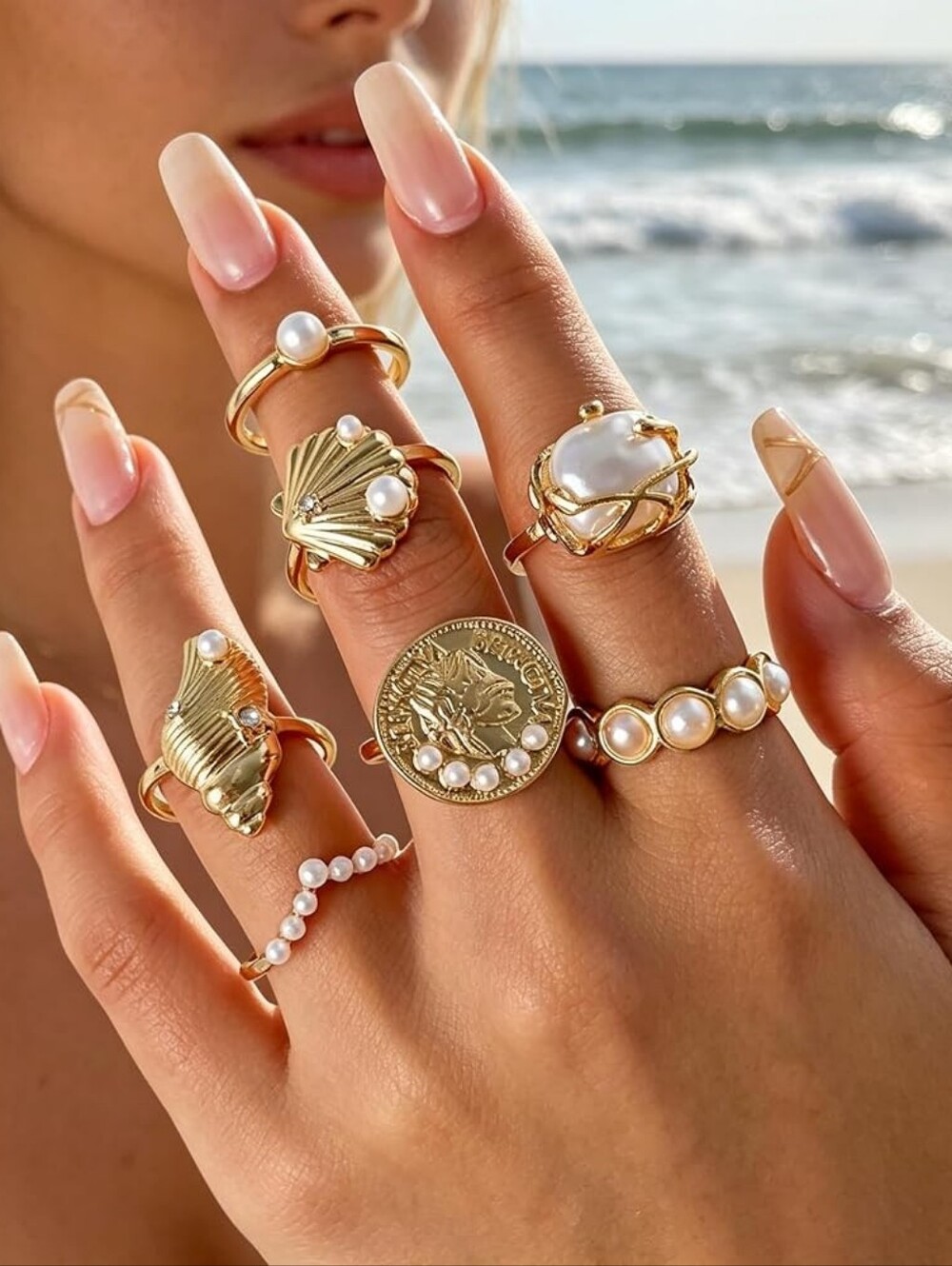 Chunky Pearl Stackable Ring Set Statement Stacking Rings Boho